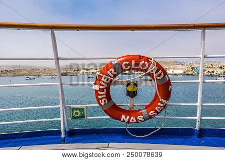 Luderitz, Namibia - March 23 2018: Life Presever Of Silversea Expedition Cruise Ship Silver Cloud Wi
