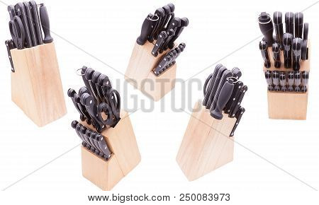 Kitchen Knife Set On White Background Isolated. Professional Kitchen Knifes Accessory