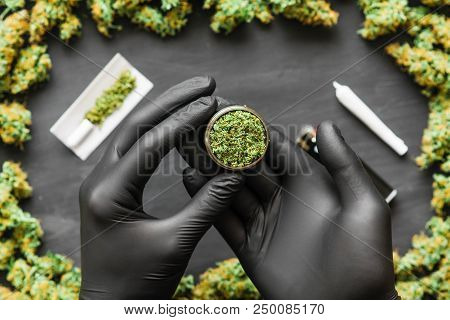 Grinder A Lot Ofx Marijuana, Fresh Buds Of Cannabis Many Weed. Copy Spase Copy-space