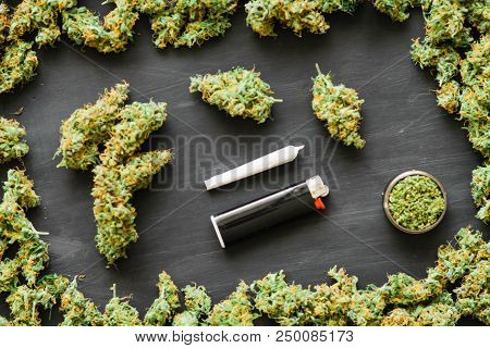 Grinder A Lot Ofx Marijuana, Fresh Buds Of Cannabis Many Weed. Copy Spase Copy-space