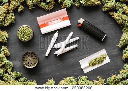 Grinder A Lot Ofx Marijuana, Fresh Buds Of Cannabis Many Weed. Copy Spase Copy-space