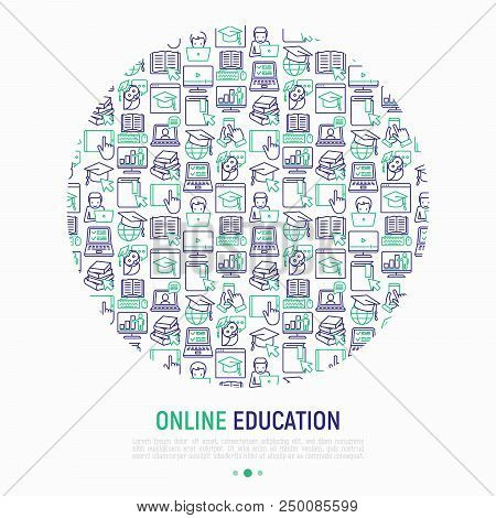 Online Education Concept In Circle With Thin Line Icons: Online Course, Webinar, E-book, Video Confe