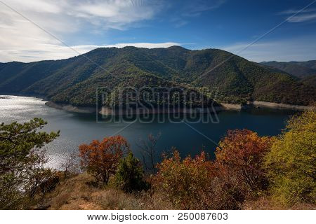 Amazing Autumn Landscape Of Meander Of Vacha (antonivanovtsy) Reservoir, Rhodopes Mountain, Bulgaria