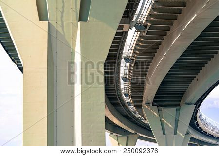 Part Of An Engineering Construction Or Structure Of The Big Automobile Bridge Or Viaduct With A Rein