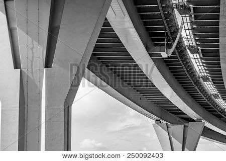 Part Of An Engineering Construction Or Structure Of The Big Automobile Bridge Or Viaduct With A Rein