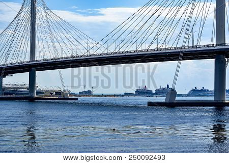 The Big Modern Cable-stayed Bridge Over The River Or Over The Gulf In St. Petersburg Against The Bac