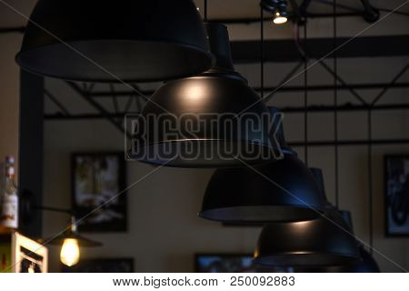 Vintage Luxury Interior Defocused Lighting Decor Background Texture. Old Vintage Light Bulb Lamps. R