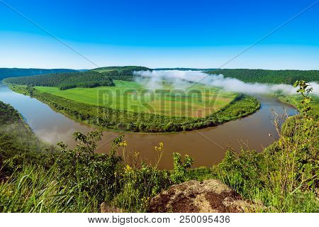 Dnister River Landscape In Ternopil Region Of Western Ukraine. Idillyc View From Above In The Mornin