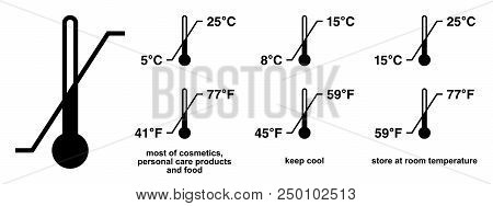 Storage Temperature Range Symbol. Black Thermometer Icon With Diagonal Line And Degrees Sign Value. 