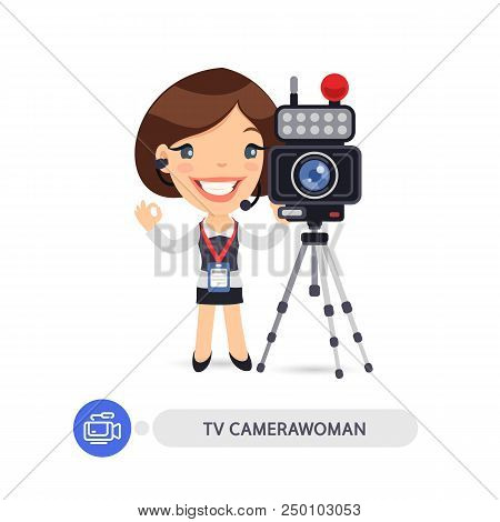 Cartoon Flat Character Of Television Camerawoman With Camcorder. Isolated On White Background. Clipp