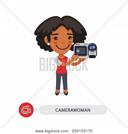 Cartoon Flat African American Young Character Of Camerawoman With Camcorder. Isolated On White Backg
