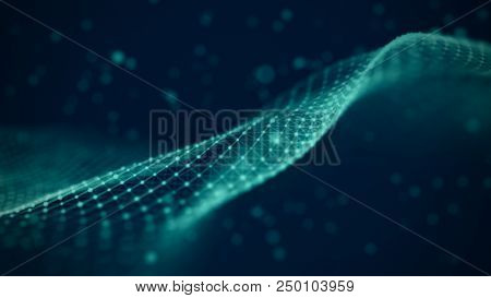 Data Technology Illustration. Abstract Futuristic Background. Wave With Connecting Dots And Lines On