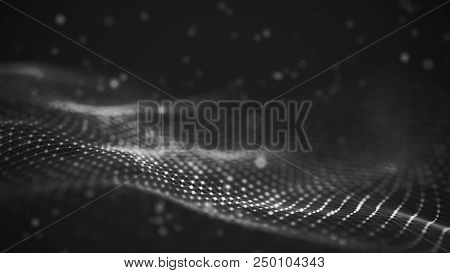 Data Technology Illustration. Abstract Futuristic Background. Wave With Connecting Dots And Lines On