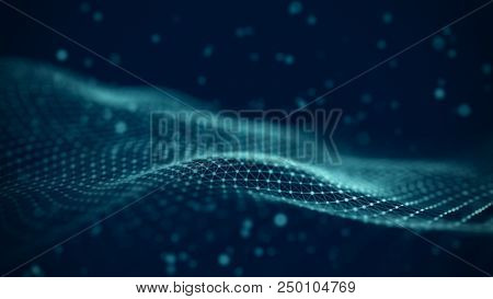 Data Technology Illustration. Abstract Futuristic Background. Wave With Connecting Dots And Lines On