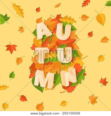 Word Autumn Composition With Green Yellow Red Leaves On Yellow Background In Paper Cut Style. Fall L