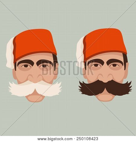 Turkish Man Wearing Fez Vector Illustration Front Side Set