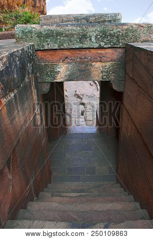 Steps Leading From Cave 2 To Cave 3, Badami Caves, Badami, Karnataka, India