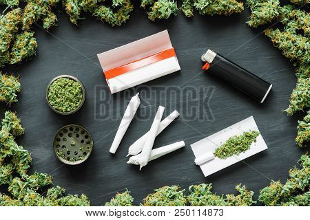 Grinder A Lot Ofx Marijuana, Fresh Buds Of Cannabis Many Weed. Copy Spase Copy-space