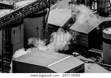 Factory Close-up With Smoke  View From The Top
