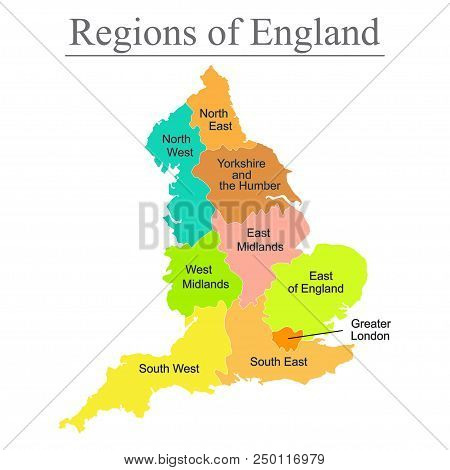 Colorful Map Of England With Outline On White Background.