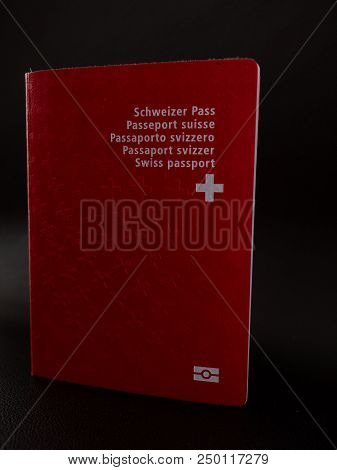 Swiss Passport Close Up On Black Background Isolated Switzerland Citizenship