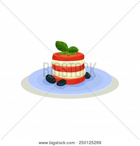 Caprese Salad In Blue Ceramic Plate. Traditional Italian Snack Made Of Sliced Mozzarella Cheese, Tom