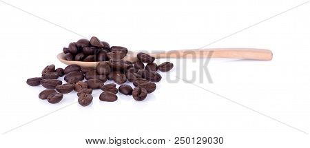 Coffee Bean In Wooden Spoon On White Background