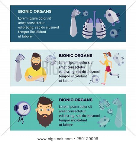 Futuristic Bionic Prosthesis And Artificial Organs Concept Posters Set. Young Girl Jogging In Headph