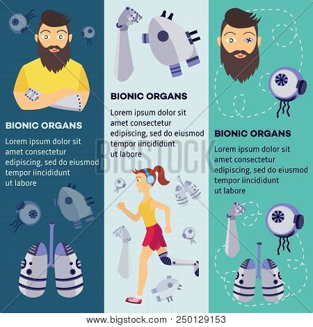 Futuristic Bionic Prosthesis And Artificial Organs Concept Posters Set. Young Girl Jogging In Headph