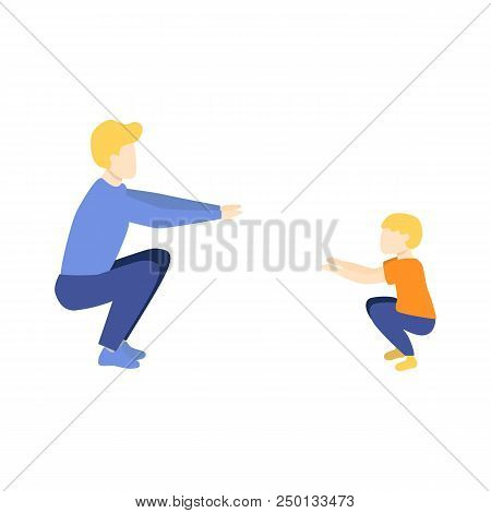 Vector Flat Young Kid Boy And Adult Man In Athletic Clothing Doing Squat, Quadriceps Muscle Workout 