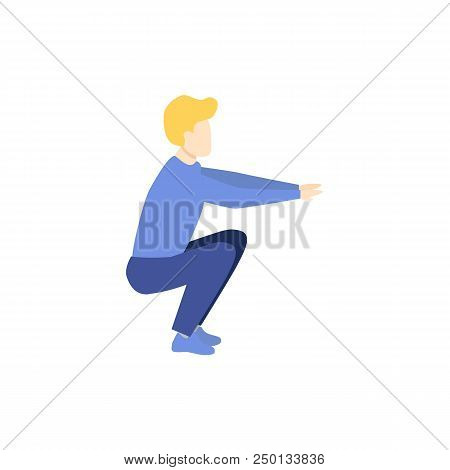 Young Man Doing Squat Exercise, Side View Full Length Portrait, Stylized Flat Style Vector Illustrat
