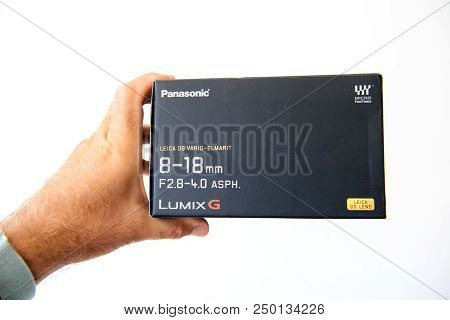 Paris, France - Jun 30, 2018: Cardboard With Leica Vario-elmarit 8-18 Micro For Four Thirds System D