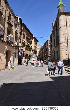 Nice Street Center Segovia With The Bell Tower Of The Cathedral In The Background. Architecture Hist