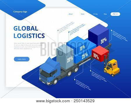 Isometric Logistic Infographic Template With Right Truck Loading And Forklift. Checking Delivery And