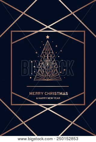 Merry Christmas And Happy New Year Rose Gold Greeting Card. Minimalistic Christmas Card On Navy Blue