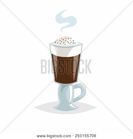 Glass Irish Black Coffee. Cartoon Trendy Style. Special Mug With Handle. Chocolate Topping. Great Fo