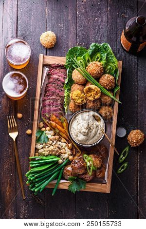 Assorted Middle Eastern Dishes: Falafel, Meat, Potato Cauliflower And Babaghanoush
