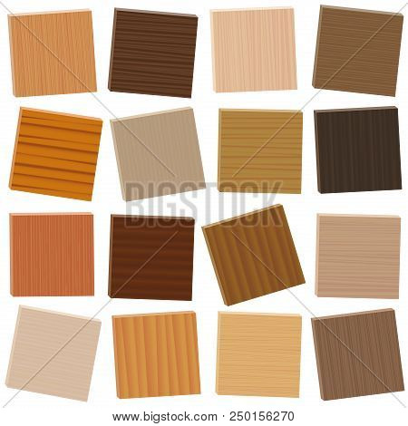 Wood Samples. Loosely Arranged Parquetry Types. Wooden Plates With Different Colors, Glazes, Texture