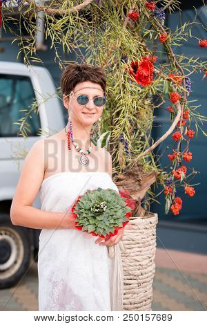 School Of Floristry Stas Zubov In Minsk, Republic Of Belarus. July 2018. Avant-garde Wedding Bouquet