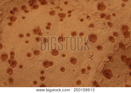 Rustrel, France - July 14, 2018: Photography Showing Water Drops On The Ocher Ground. The Photograph