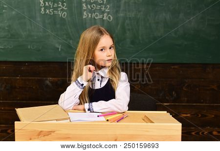 First School Day. First School Day Of Happy Children, Schoolgirl At Lesson In First School Day First