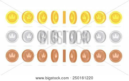 Golden, Silver And Bronze Coins Rotation Set For Game Animation. Vector Illustration.