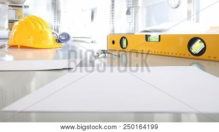 Architectural Office Desk Background Construction Project Planning Concept, With Drawing Equipment C
