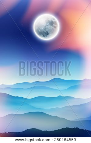 Summer Background With Fullmoon And Mountains In The Fog. Eps10 Vector.