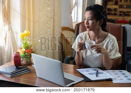Coffee Break Office Concept.thoughtful Bussiness Woman Drinking Coffee In Coffee Breck Time After Me