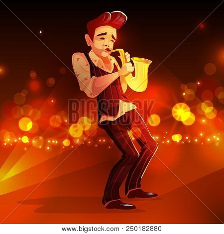 Jazzman With Saxophone Vector Illustration. Man Playing Jazz Music In Retro Suit And Shirt With Sax 