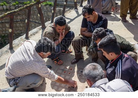 Marivan, Kurdistan Province, Iran - April 6, 2018: Kurdish Men In Darreh Tafi Village Near Zarivar L