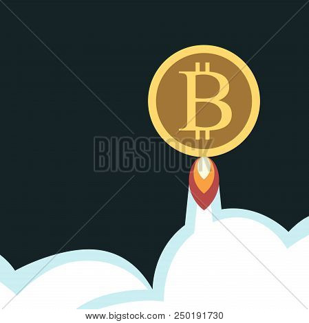 Gold Bitcoin With Jet Stream Flying Above Clouds Into Outer Space. Growth, Economy, Investment And T