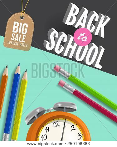 Back To School Big Sale Poster Design With Pencils, Alarm Clock And Tag On Mint And Black Background