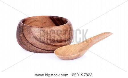 Wooden Bowl And Spoon Isolated On White Background.